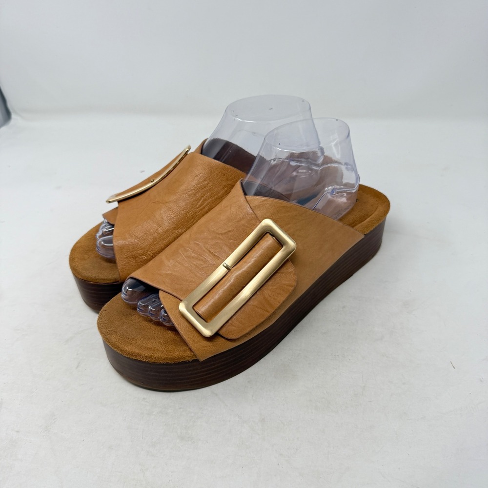 Kelsi Dagger Brooklyn Platform Slide Sandals Tan 10 Leather Buckle Boho Modern